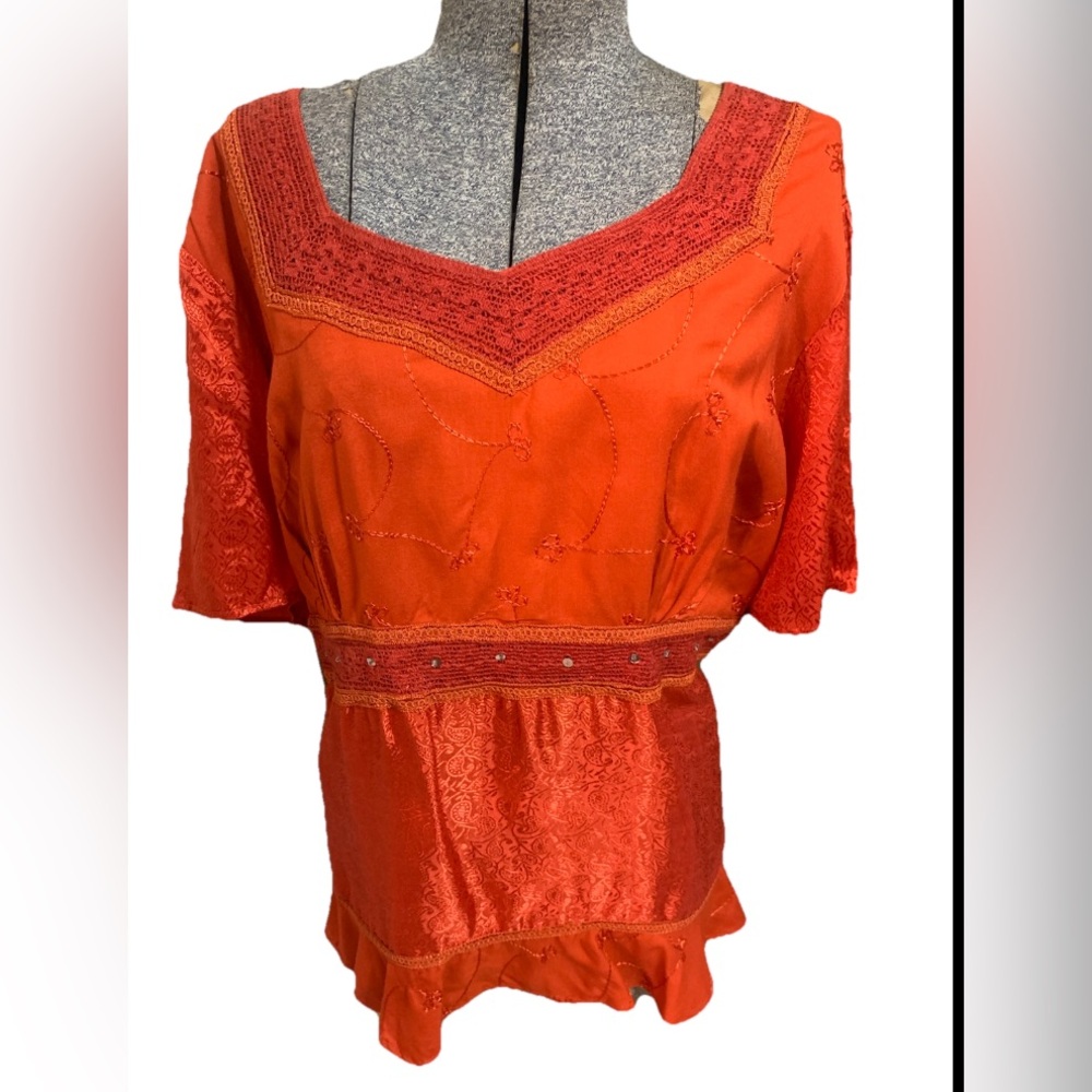 Studio 1940 Blouse Plus Size 18 / 20W Amber Orange Embroidered Satin Sleeve NEW